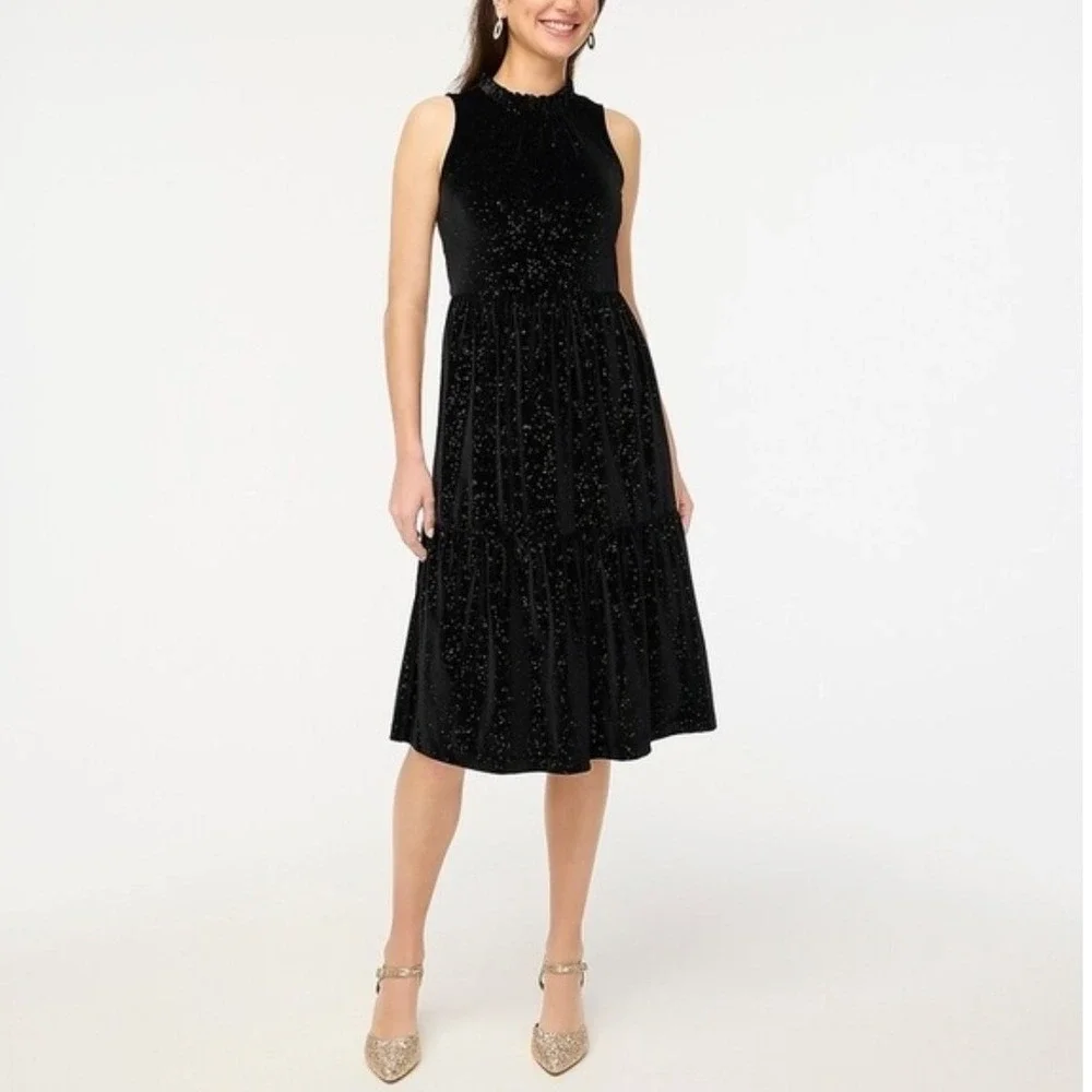 J. Crew NWT -1217‎ Shimmer Velvet Black Tiered Midi Dress BV968 Womens Size 10